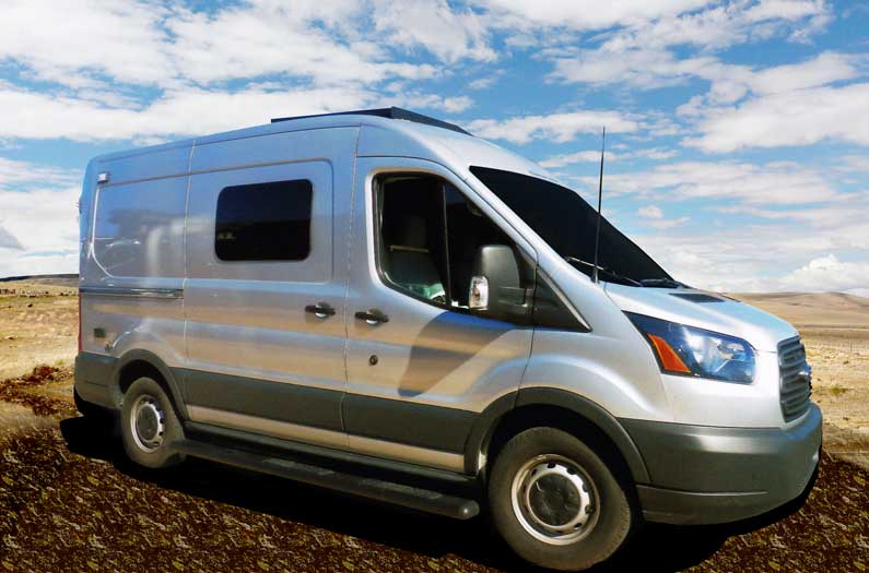 Custom silver Sportsmobile Transit RB conversion van.