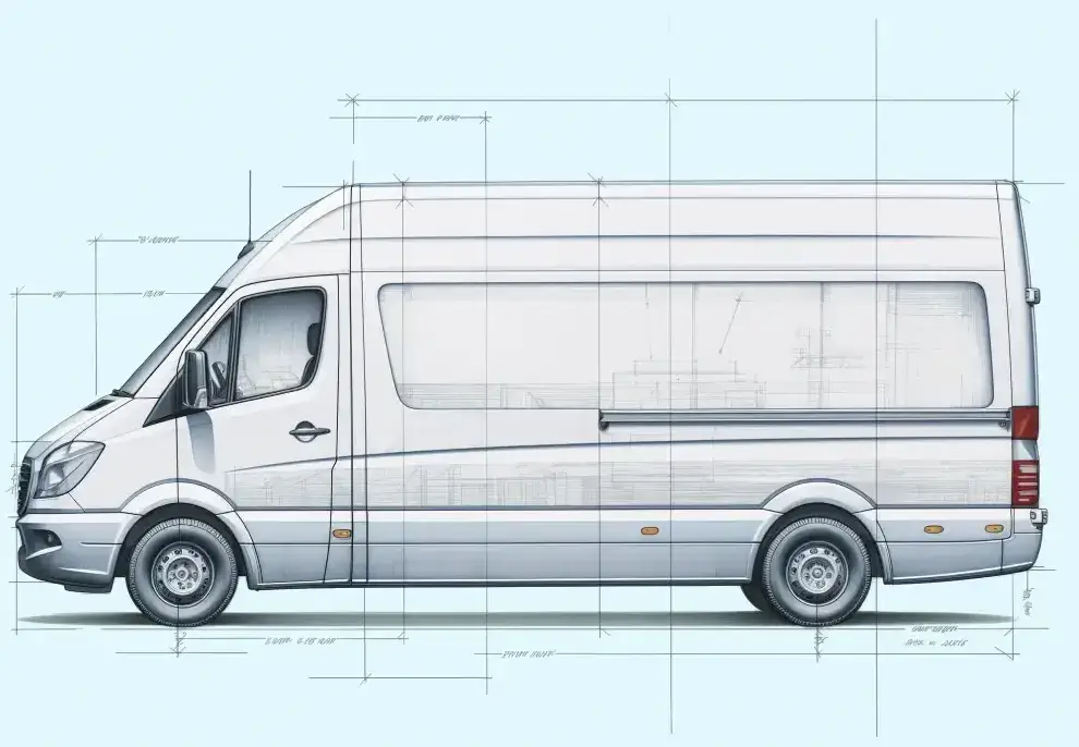 Pencil drawing of a white van on a blue background.