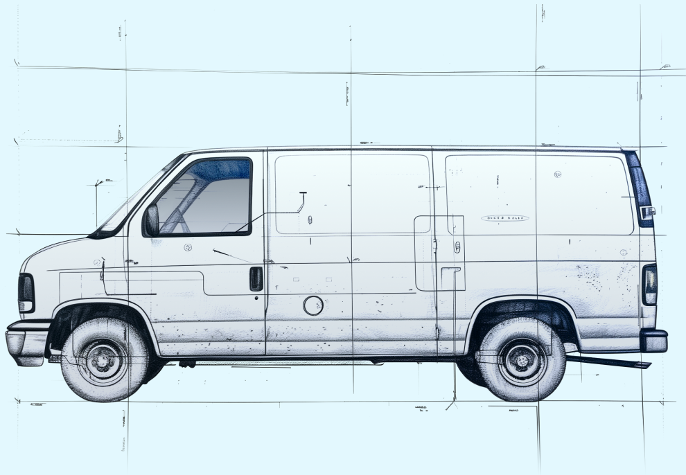 Pencil drawing of a white van on a blue background.